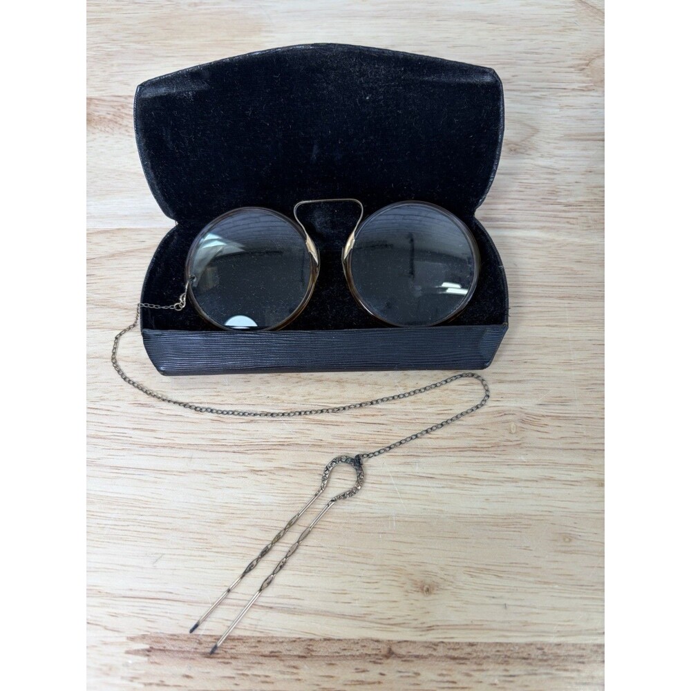 Antique 1890s Pince-nez Eyeglasses Tortoiseshell Frame With Chain, Hairpin, Case